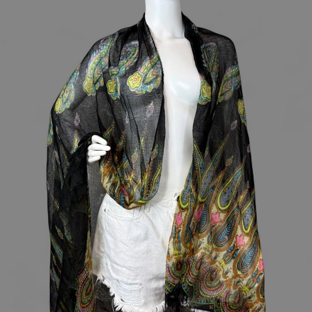Womens Oversized Paisley Sheer Wrap Scarf Black Multi Color Boho Gauze Shawl - Picture 3 of 8